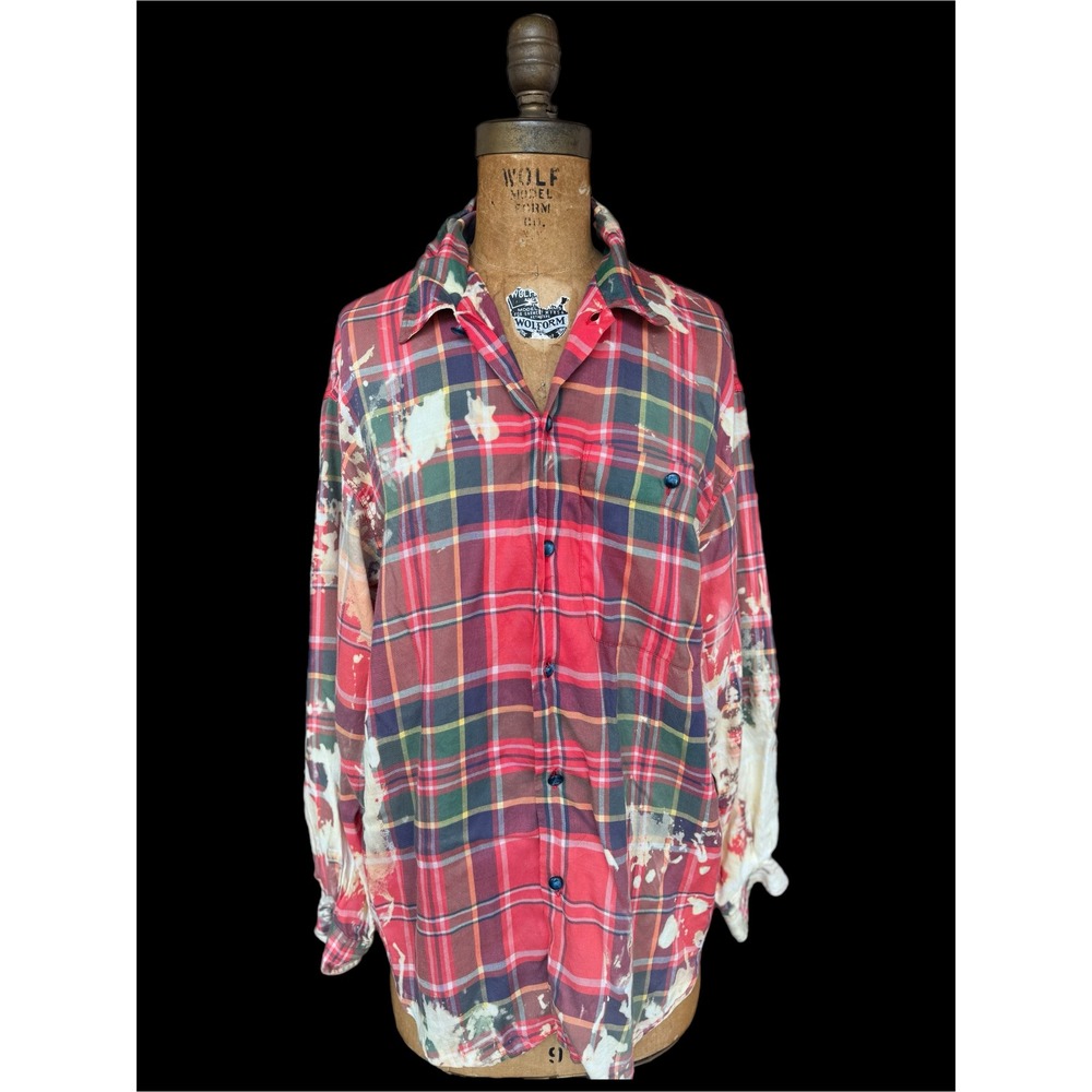 Upcycled Floral Flannel Shirt Rayon Bleach Art Medium Boho - Picture 4 of 8